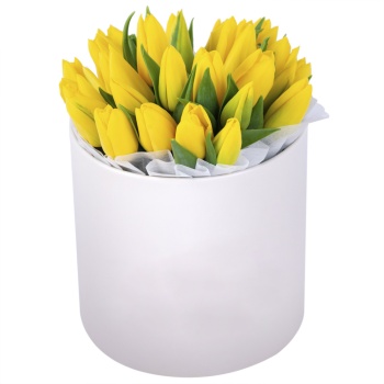 25 желтых тюльпан в кремовой шляпной коробке