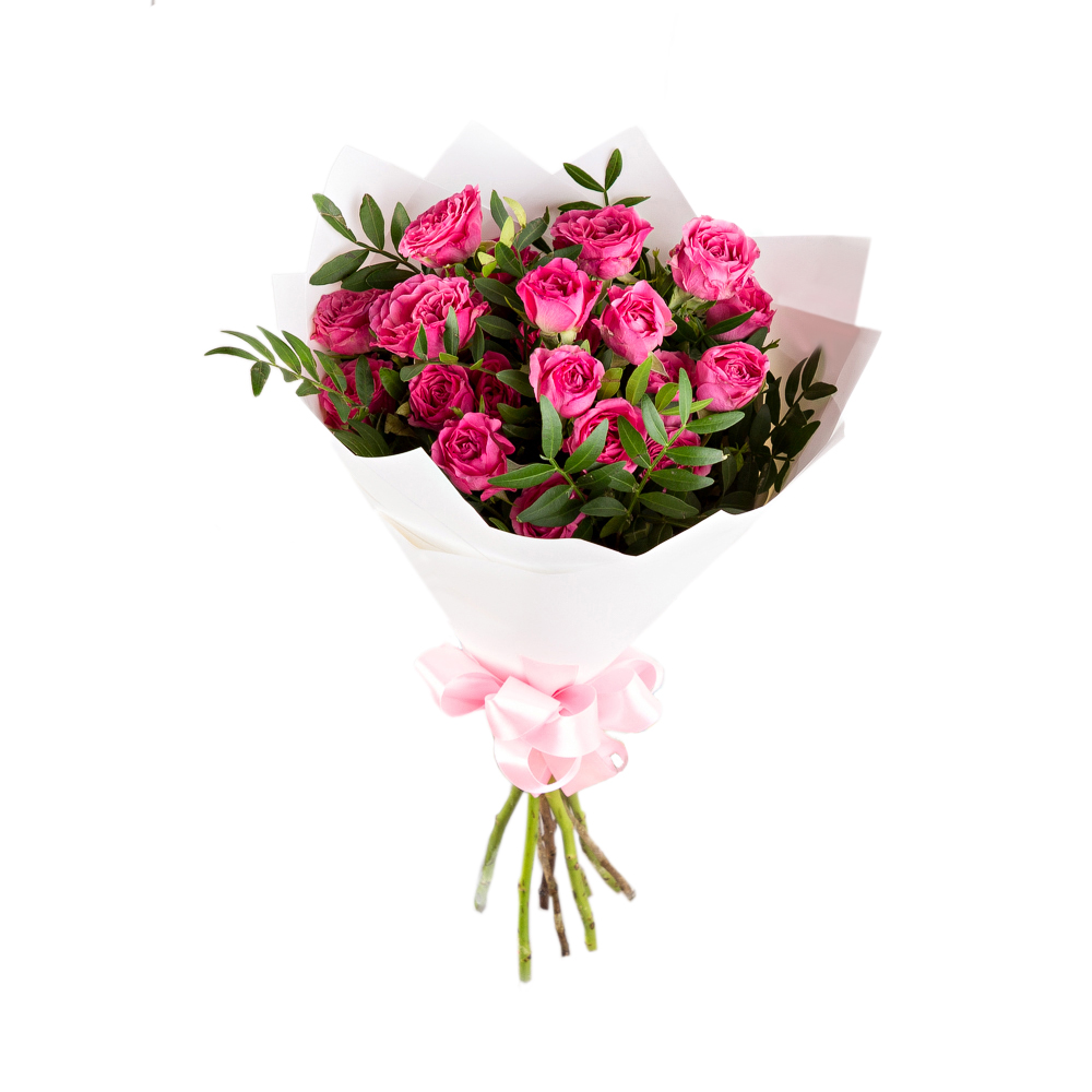 Букет из розовых кустовых роз и рускуса