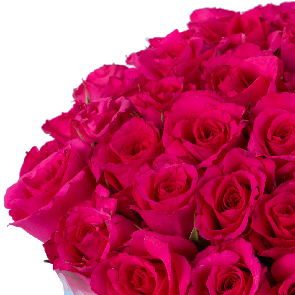 35 малиновых роз в голубой шляпной коробке