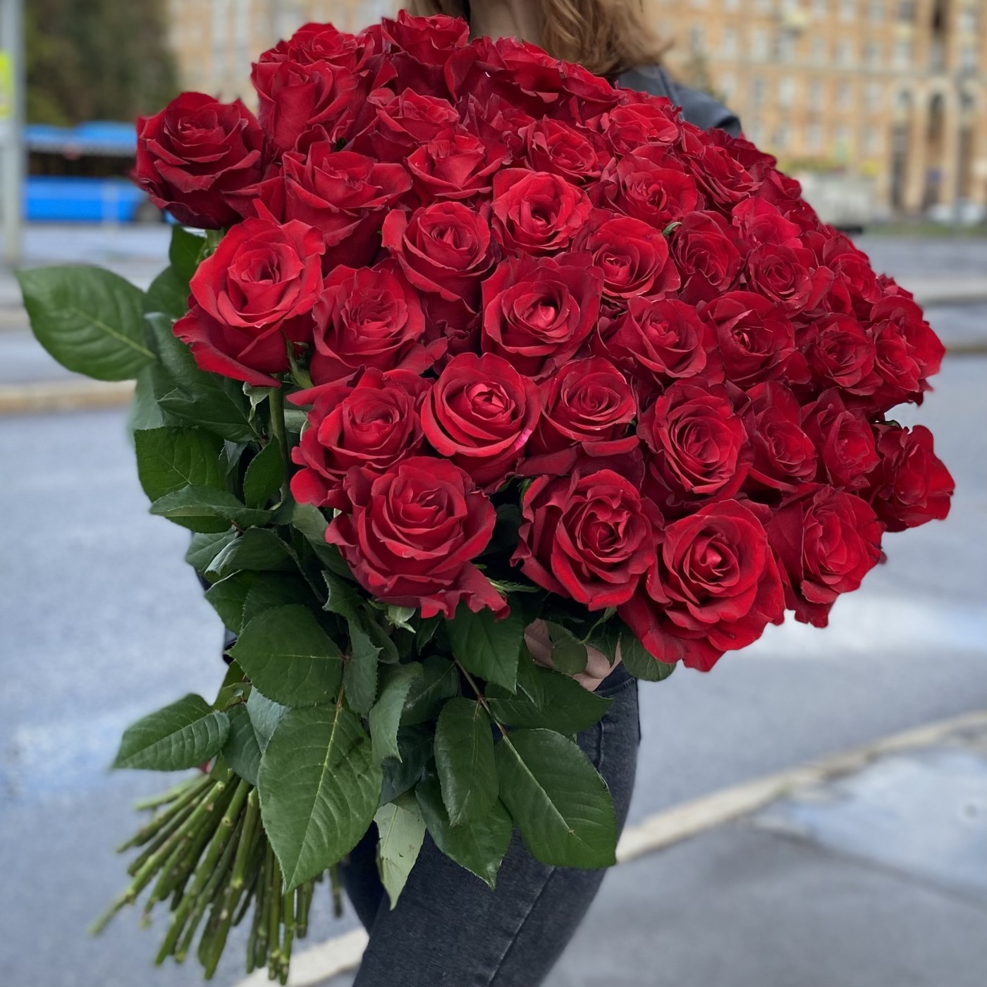 51 красная роза Premium 80 см.