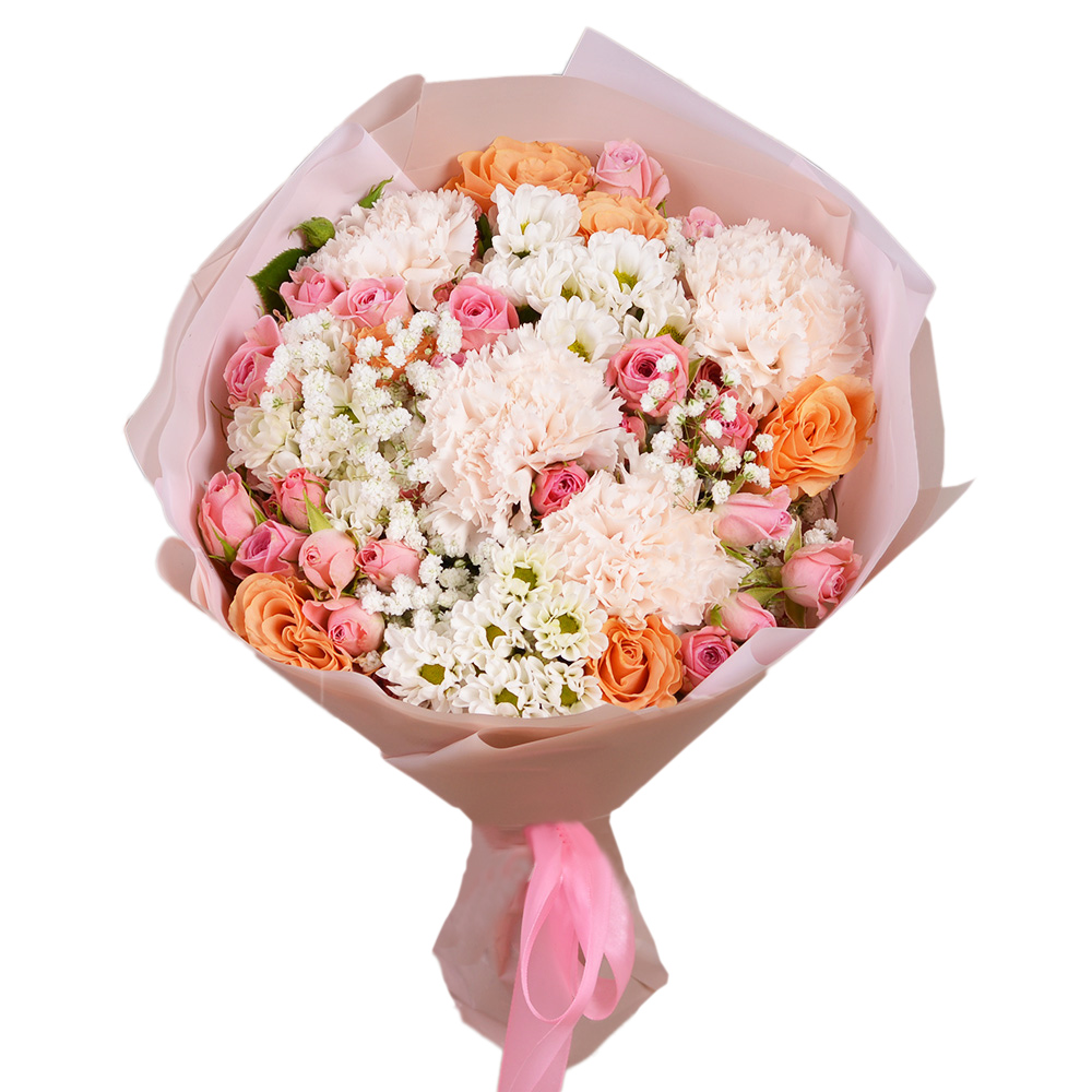 Букет из гипсофил, роз и гвоздик