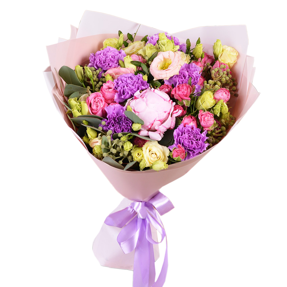 Букет из пиона, гвоздик и кустовых роз