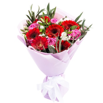 Букет из гербер, роз и эвкалипта