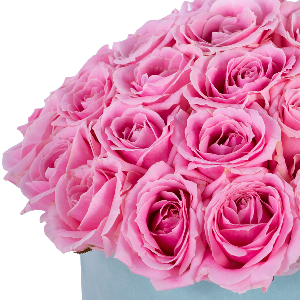 Букет из 35 розовых роз premium в зеленой бархатной шляпной коробке