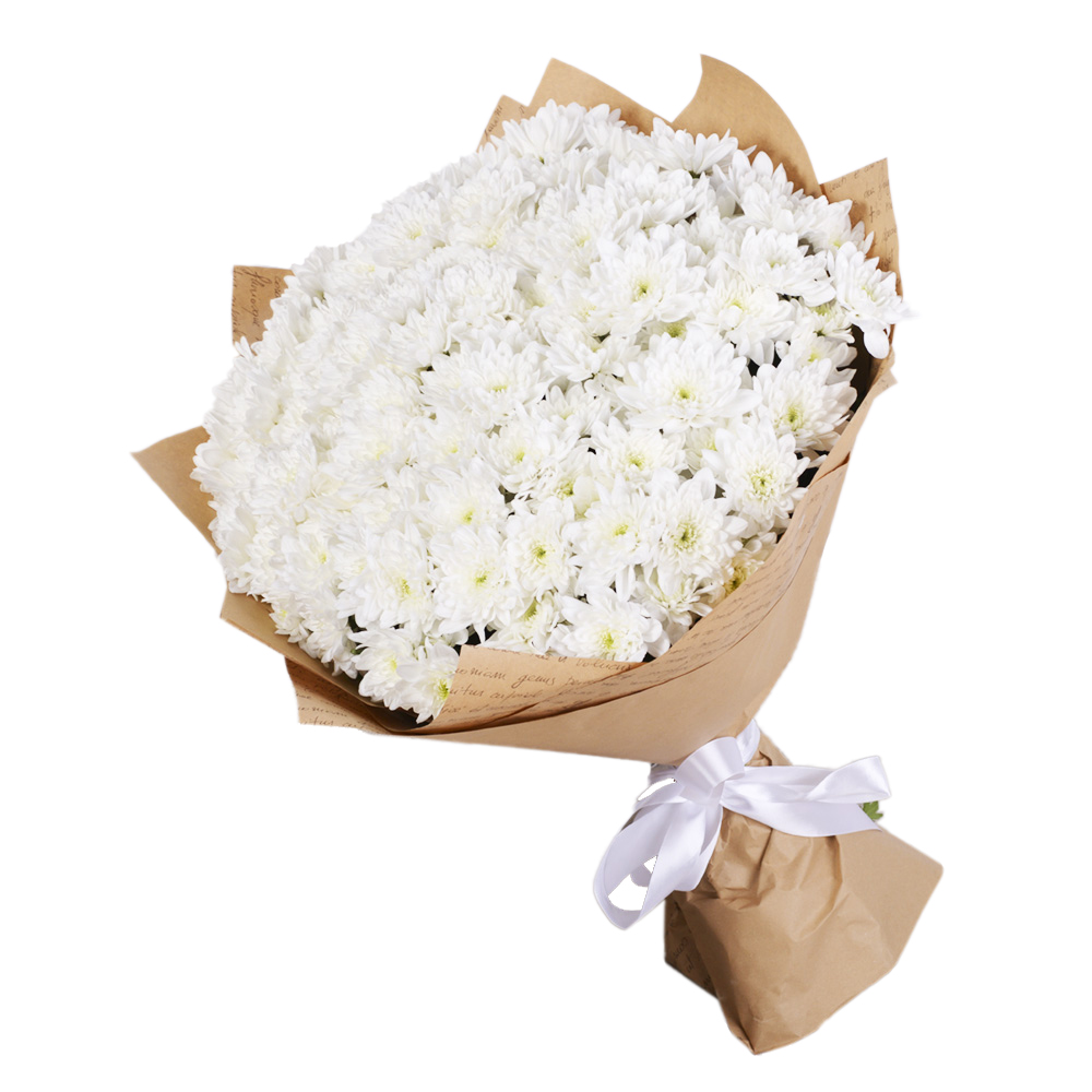 Букет из 25 белых хризантем в крафте