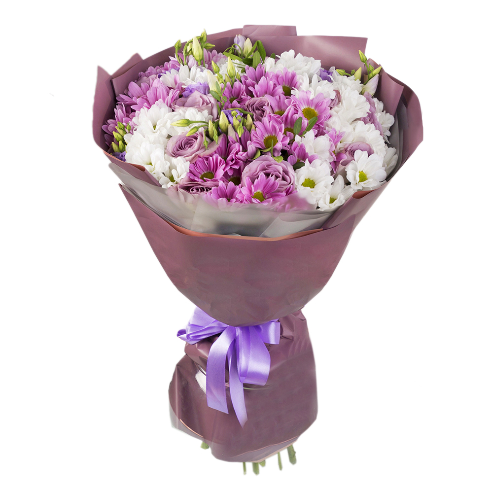 Букет из кустовых роз, альстромерий, пионов и хризантем