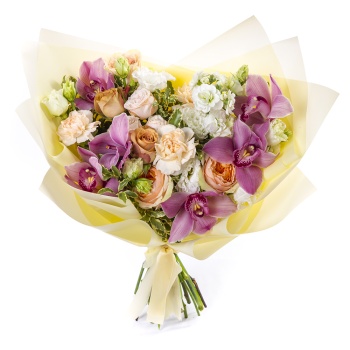 Букет из роз, цимбидиума и эустом