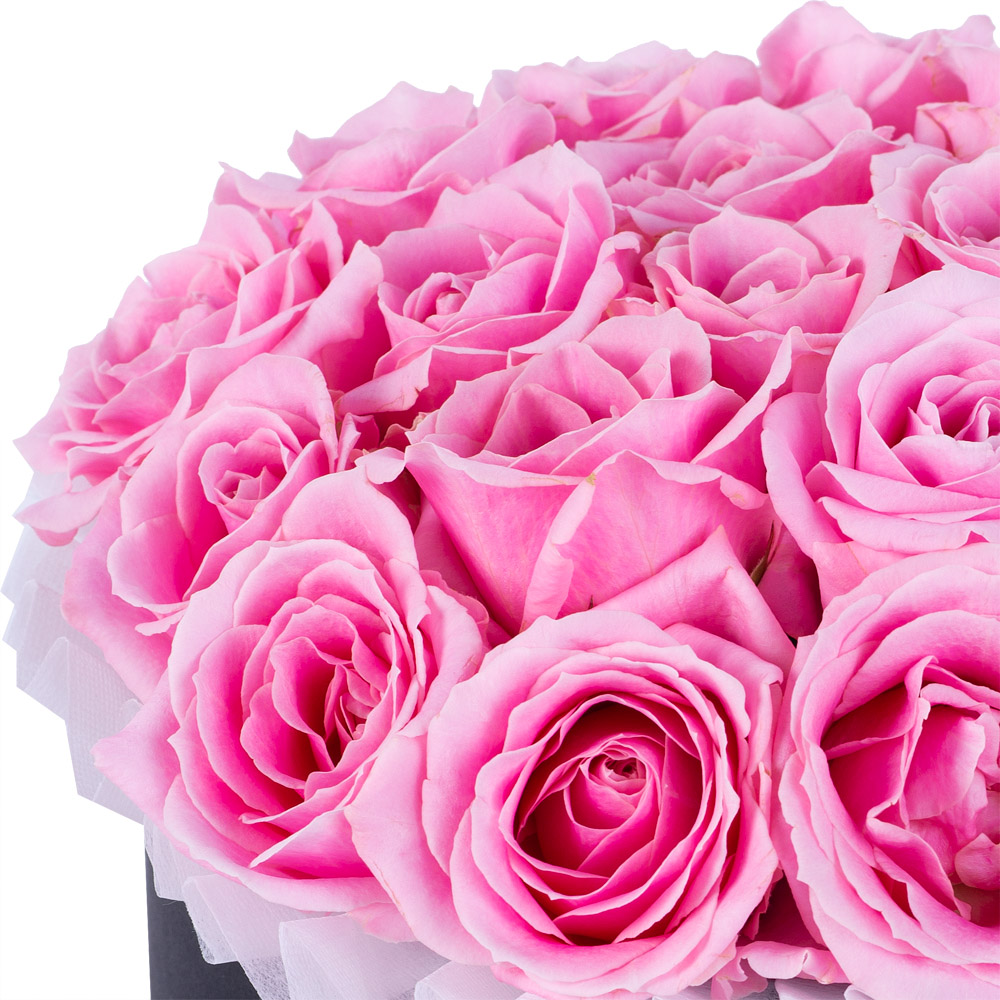 Букет из 21 розовой розы premium в черной шляпной коробке