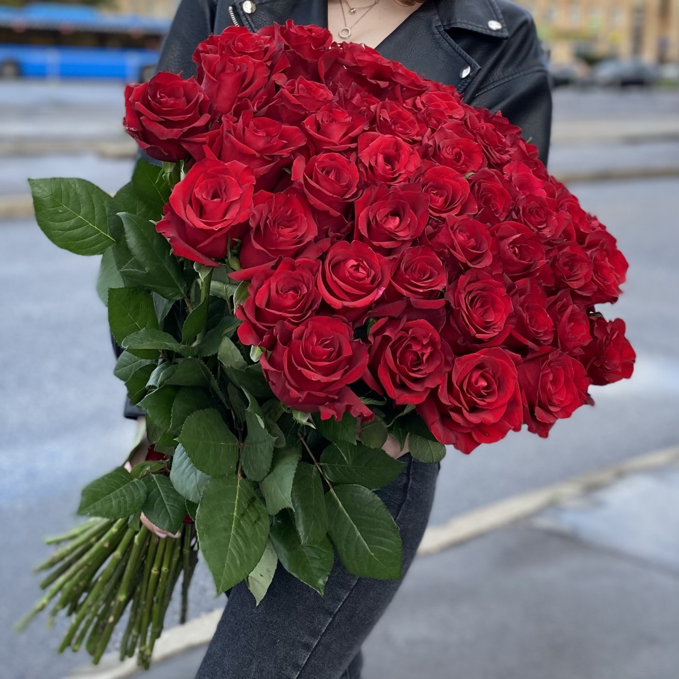 51 красная роза Premium 80 см.