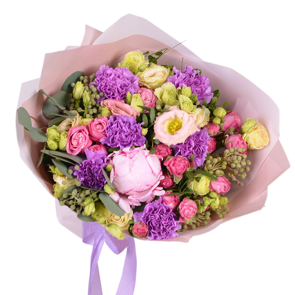 Букет из пиона, гвоздик и кустовых роз