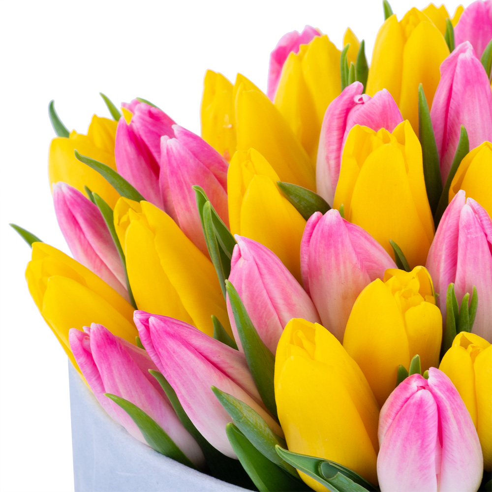 51 разноцветных тюльпан в серой бархатной шляпной коробке