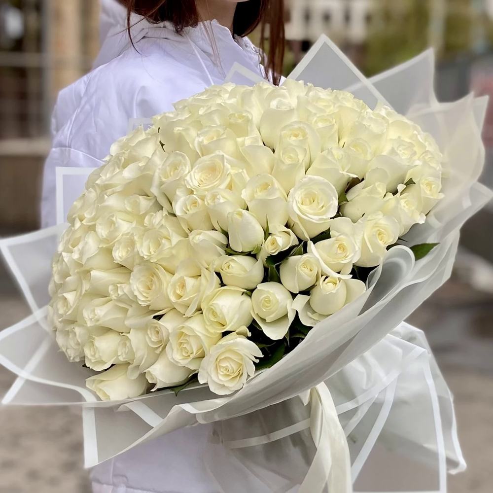 101 белая роза Premium 50 см.